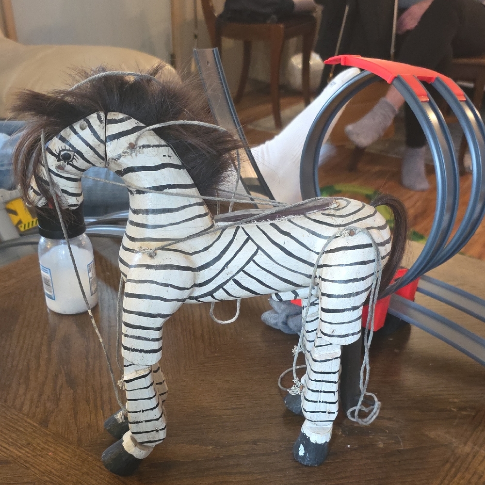 Marionette Wood Zebra 1920 real hair puppet 13" unique handmade antique